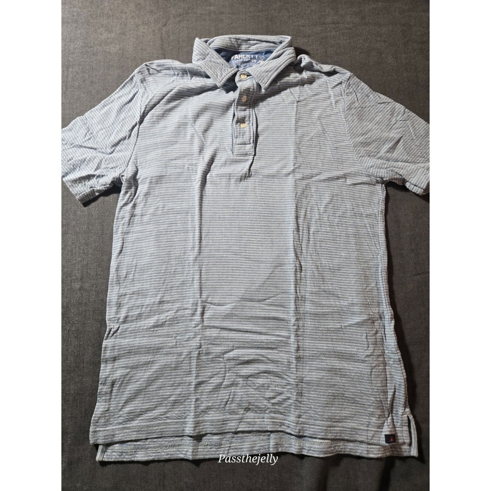 Faherty Cloud Cotton Men's Medium Blue Striped Polo Shirt Short Sleeve Casual